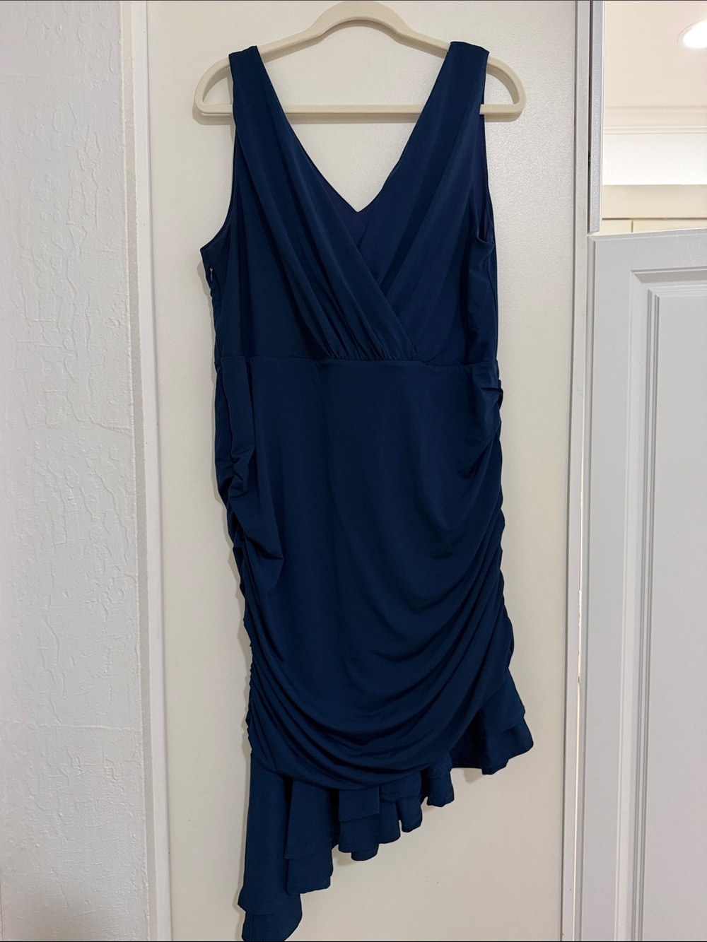 Grace Karin Navy Blue Asymmetrical Hem Ruched  Sides V-Neck Draped Dress | 2XL